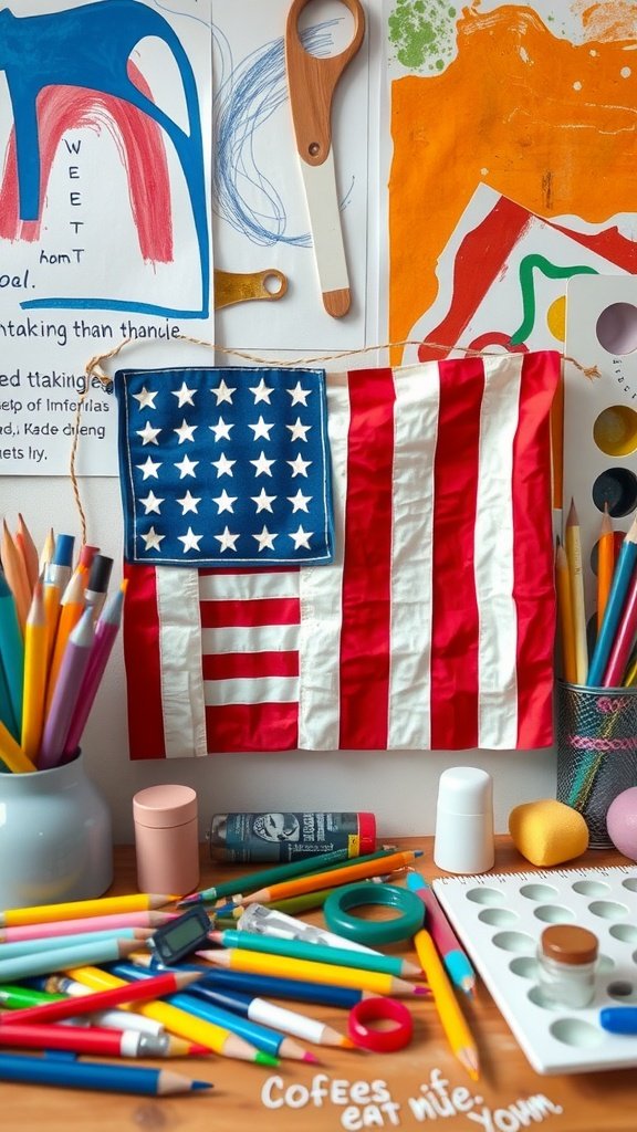 Colorful handmade American flag displayed among art supplies and crafts.