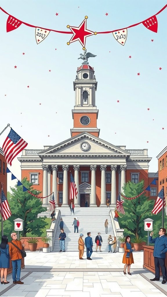 Illustration of Independence Hall decorated for the 4th of July with people walking around.
