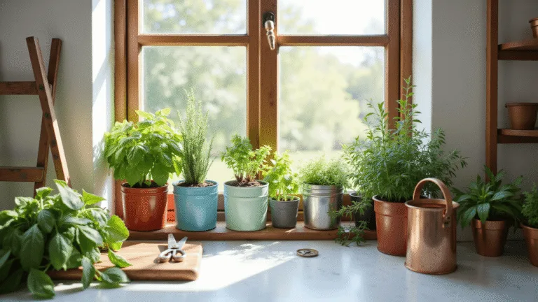 A vibrant indoor herb garden on a sunny kitchen windowsill featuring vintage tea tins and colorful colanders, with fresh basil, thyme, and rosemary basking in morning light, surrounded by a rustic wooden ladder and soft shadows in a high-end hygge atmosphere.