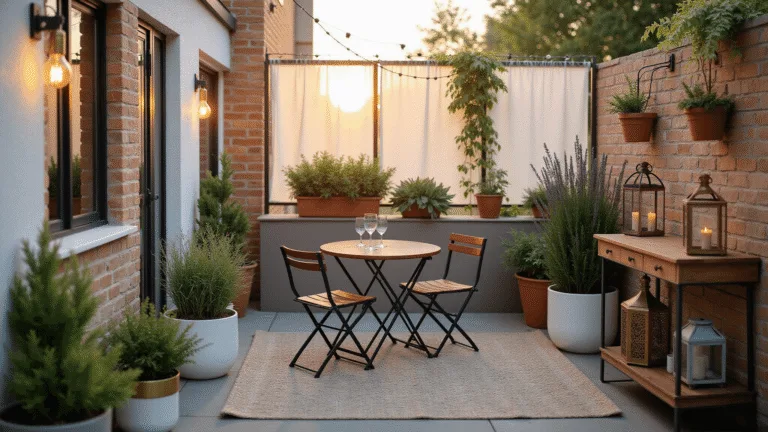 Cinematic photograph of a small urban patio at sunset, featuring a minimalist bistro set, potted plants, Edison string lights, and Moroccan lanterns, all bathed in warm golden light.