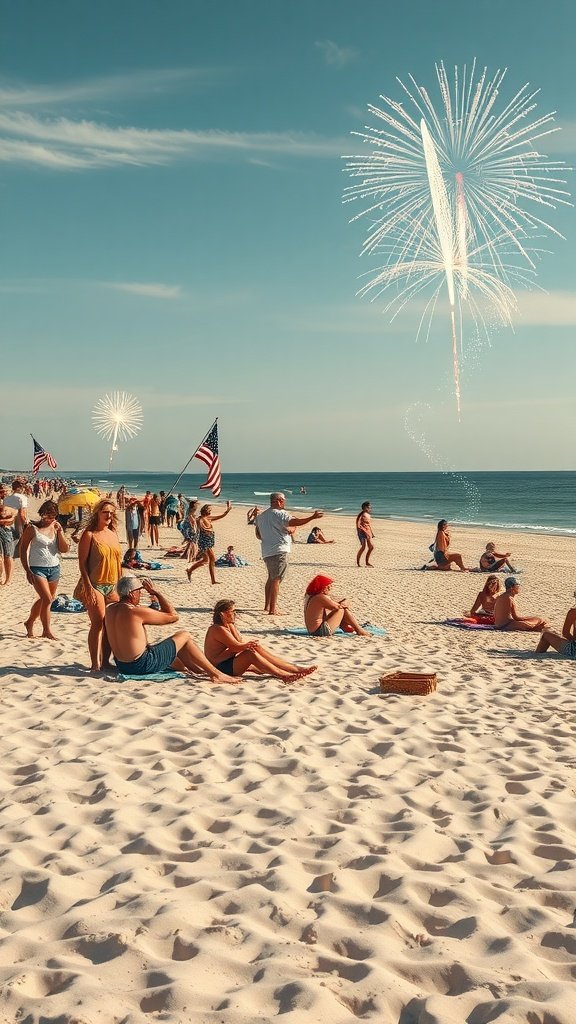 A lively beach scene with people enjoying the sun and fireworks in the sky, celebrating July 4th.