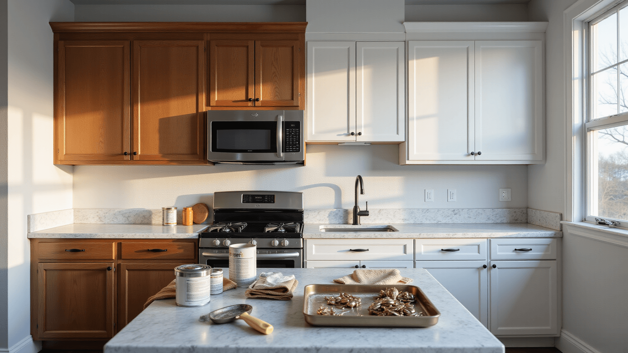 A split-screen view of a modern kitchen renovation, showcasing before and after cabinet painting; left side shows original wood cabinets with prep materials, while the right side displays newly painted white shaker cabinets, all enveloped in natural light with a focus on professional painting tools and detailed textures.
