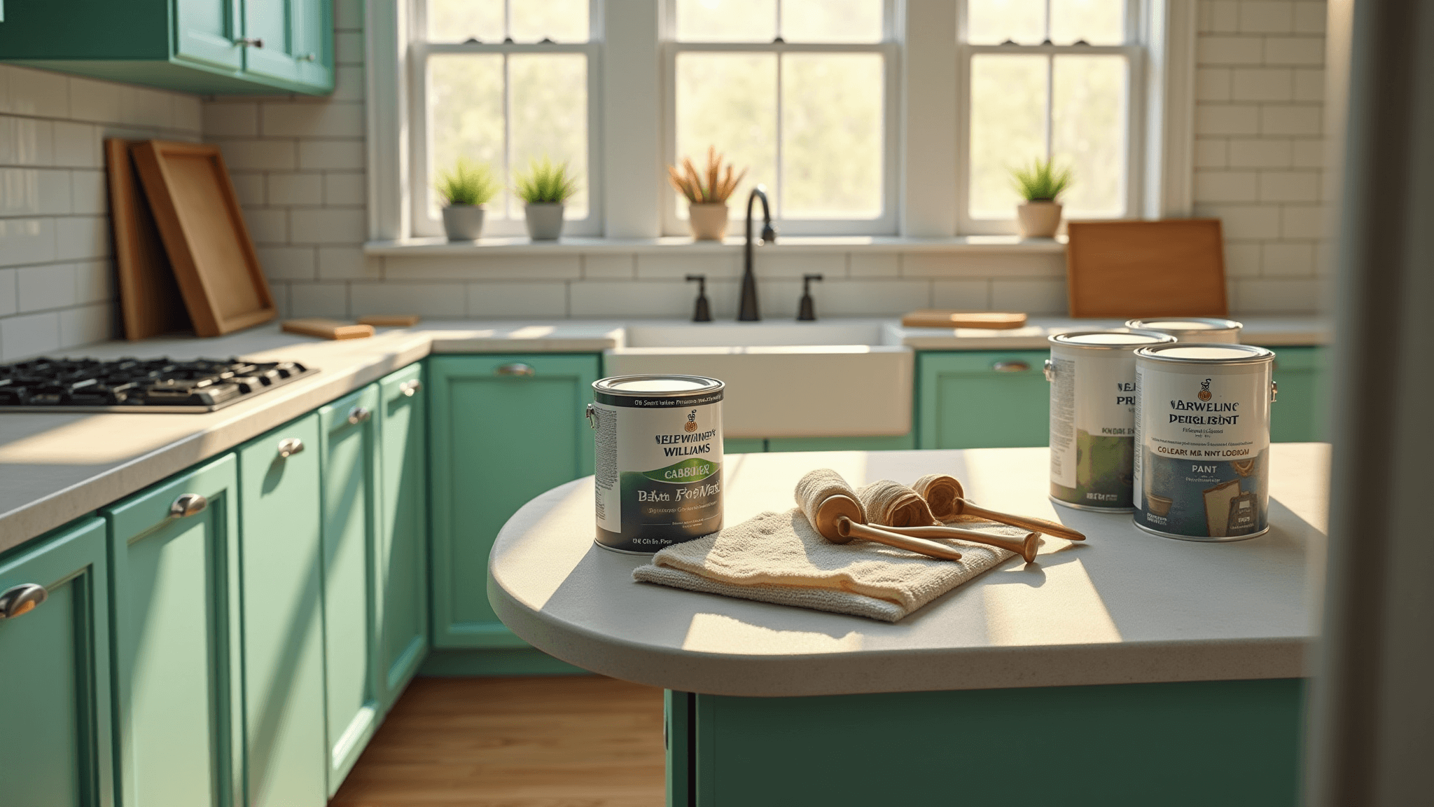Photorealistic kitchen renovation in progress with sage green cabinets, organized painting supplies, and natural light illuminating white quartz countertops, showcasing before/after cabinet transformation and professional workspace organization.