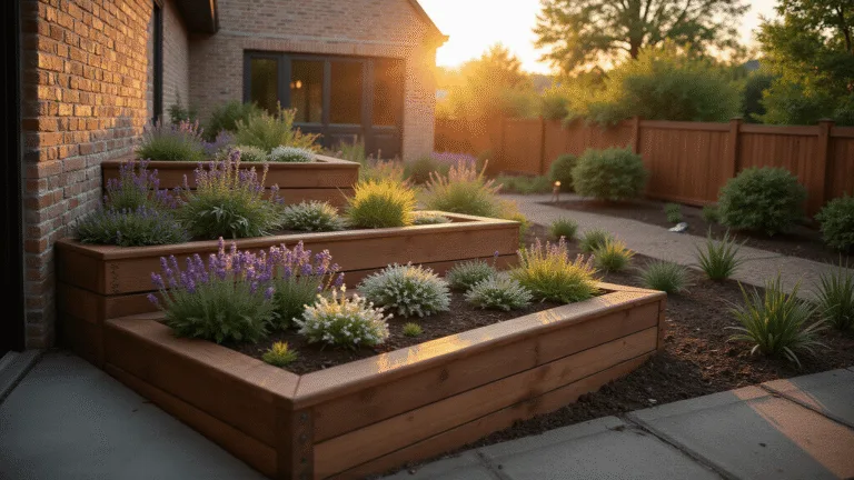Photorealistic wide shot of a multi-tiered corner garden at golden hour, featuring cedar raised beds, cascading flowers, and warm sunset light creating long shadows on dark mulch, with soft bokeh, lens flare, and atmospheric mist.