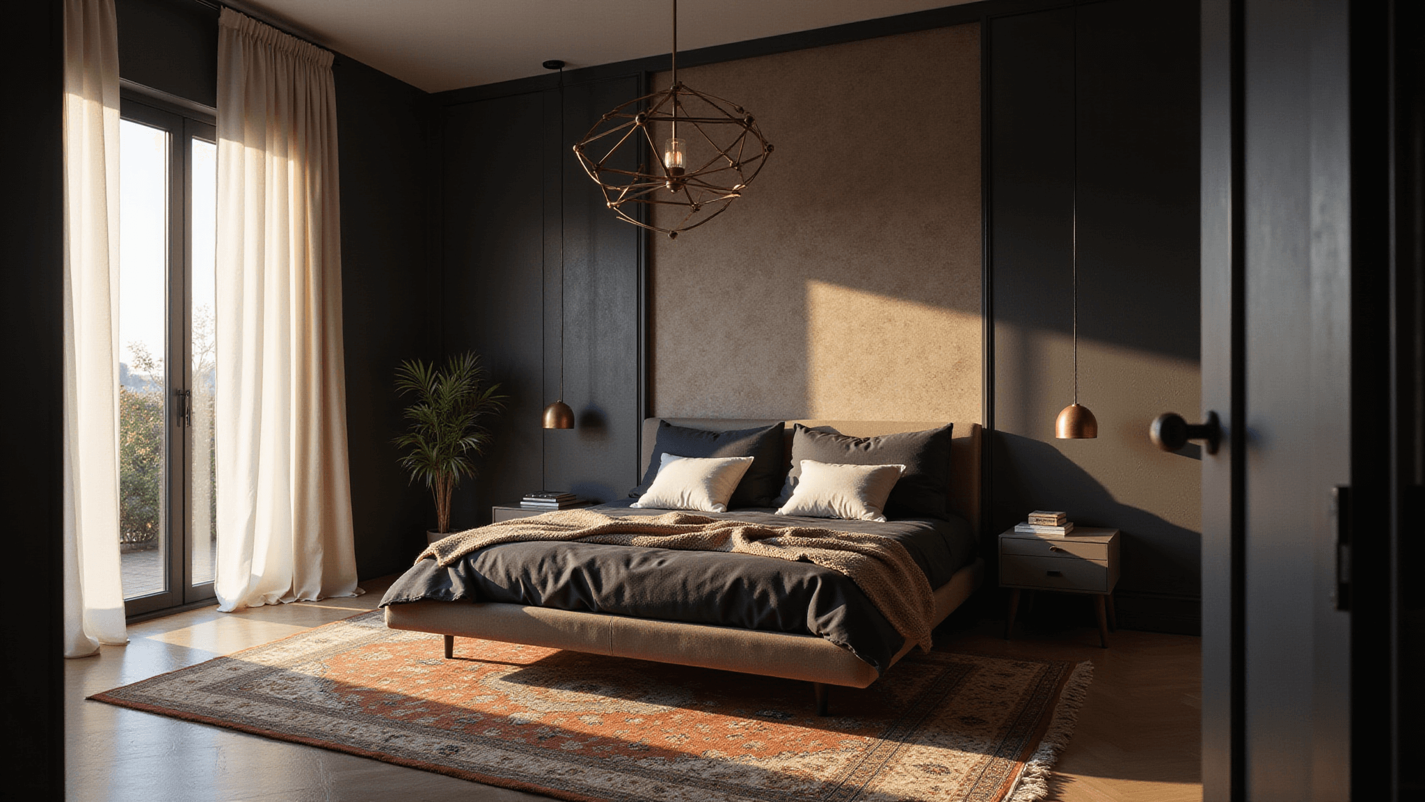 A luxurious master bedroom at golden hour, featuring dark charcoal walls, ivory silk drapes, and a king-size platform bed with layered bedding, illuminated by warm brass pendant lighting and dramatic angular light rays, with a vintage Persian rug anchoring the space.