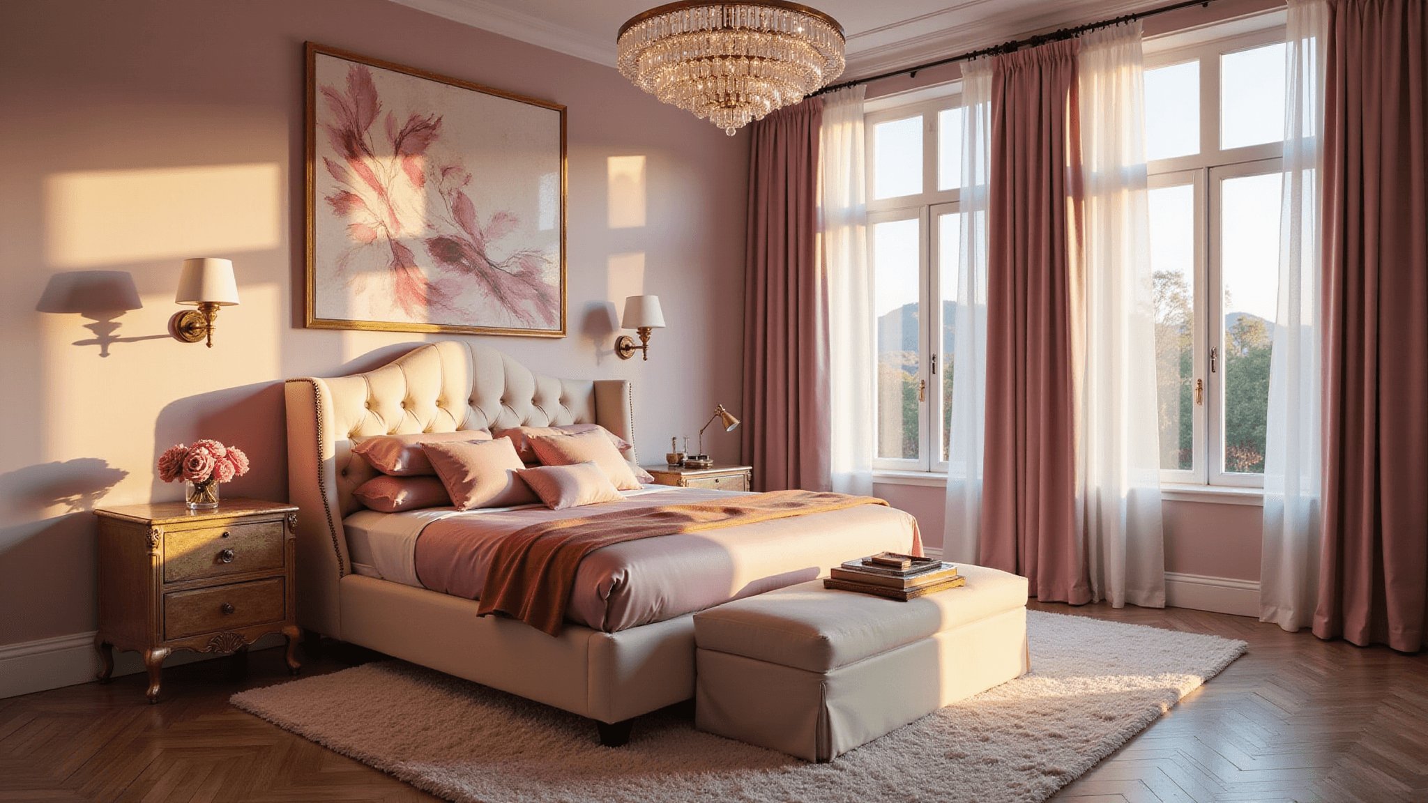 A luxurious pink bedroom illuminated by warm golden hour light, featuring a tufted cream velvet king-size bed, layered silk bedding in pink tones, vintage brass sconces, abstract artwork, a plush Moroccan rug, and a crystal chandelier.