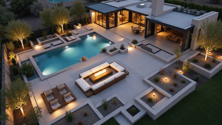 A stunning aerial view of a luxury backyard featuring a sunken conversation pit, infinity edge pool, Japanese meditation garden, sport court, and children's adventure zone, illuminated by modern lighting at magic hour.