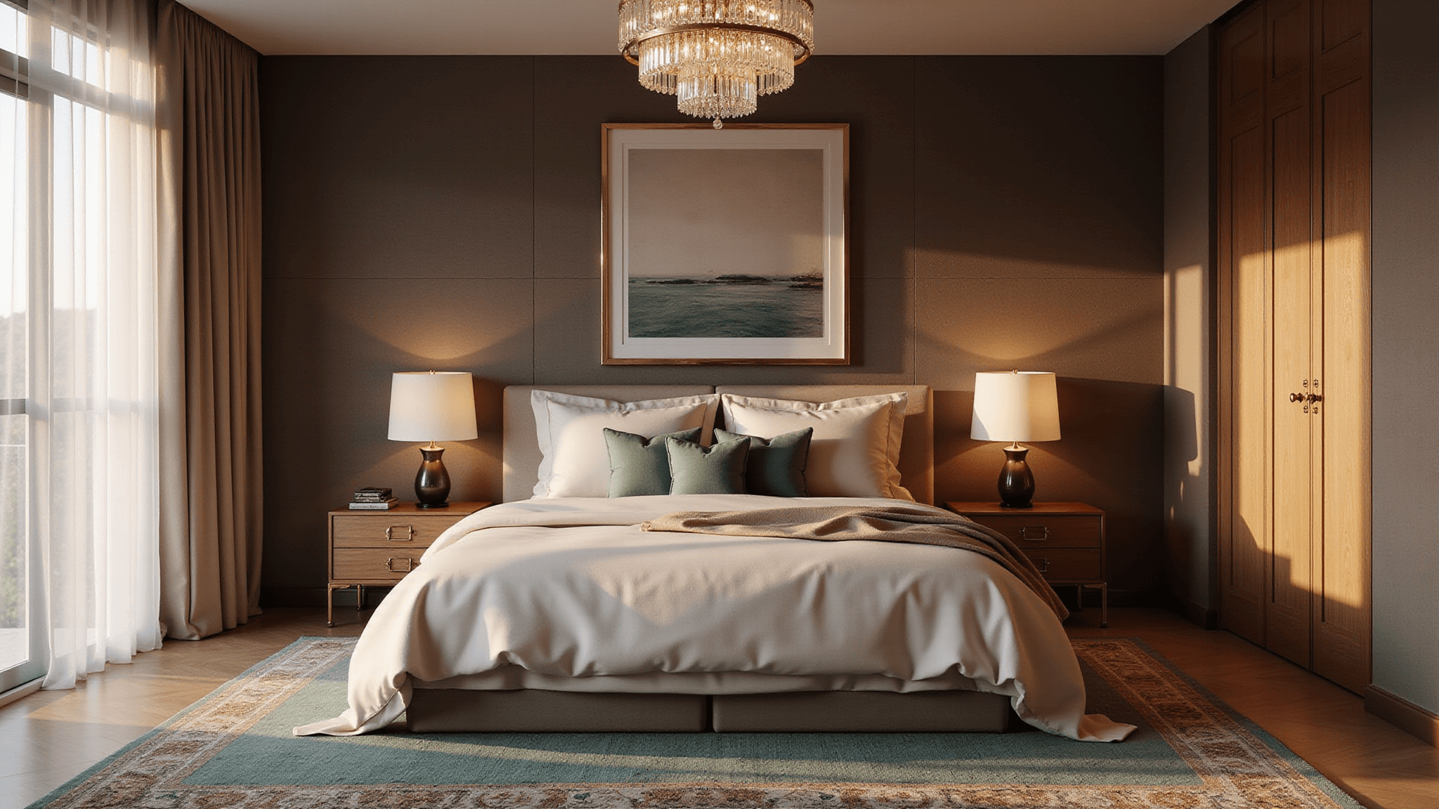 Photorealistic image of a luxury bedroom featuring a king-size bed with cream and champagne silk bedding against textured brown walls, illuminated by golden hour light through sheer curtains. The room is styled with modern walnut nightstands, brass lamps, a vintage Persian rug, and an abstract gold-framed artwork, creating a sophisticated atmosphere.