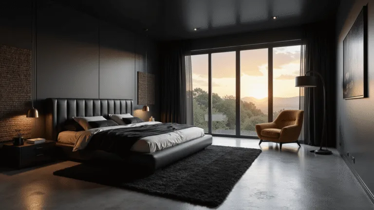 A luxurious black bedroom at twilight featuring a king-sized platform bed, black velvet and cream silk bedding, brushed bronze pendant lights, and a mustard yellow velvet accent chair, all enhanced by dramatic lighting and rich textures.