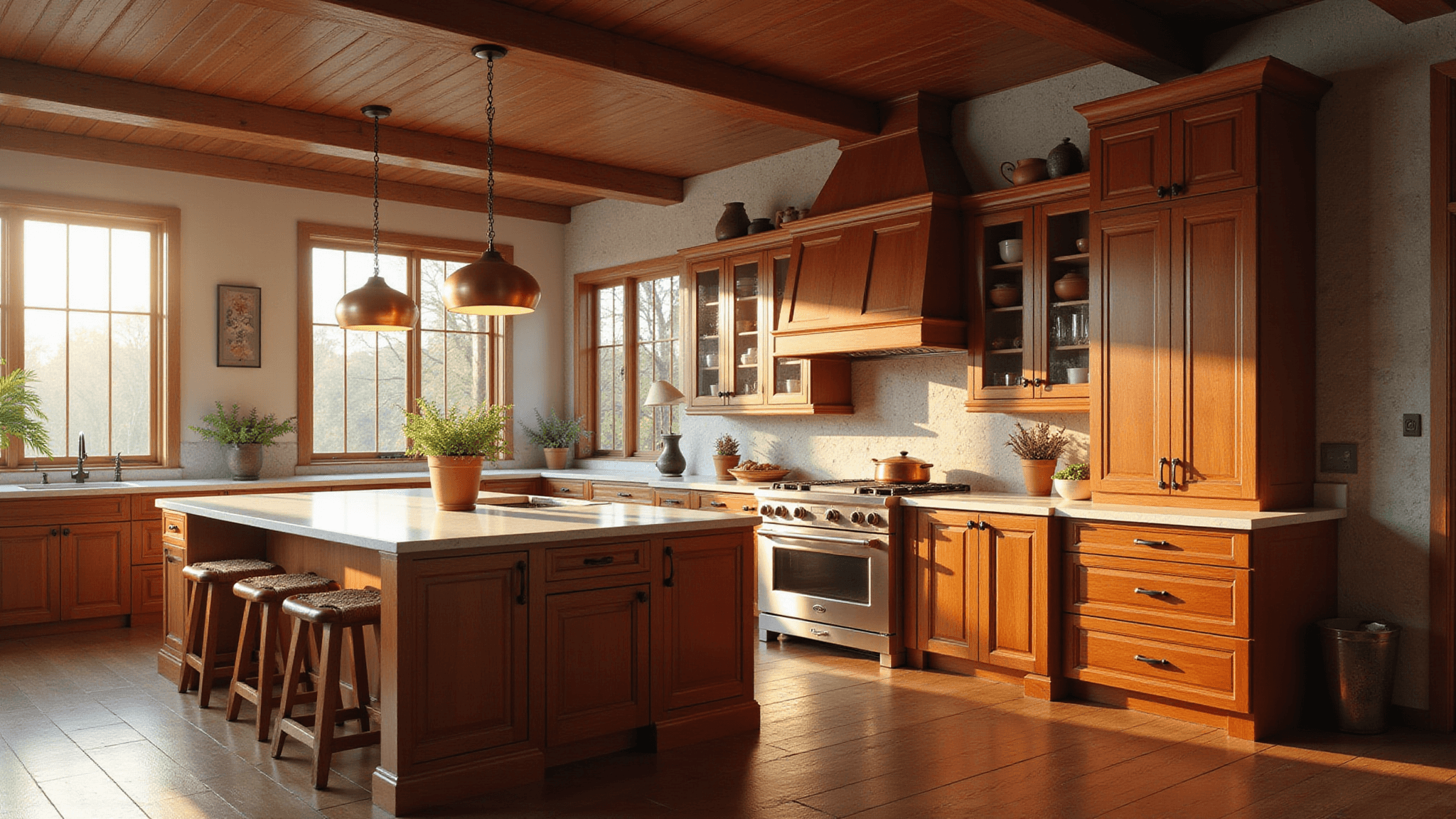 A luxurious cherry wood kitchen with Shaker-style cabinets bathed in warm morning light, featuring white quartz countertops, a large center island, copper cookware, and modern stainless steel appliances, all captured in a photorealistic wide-angle shot.