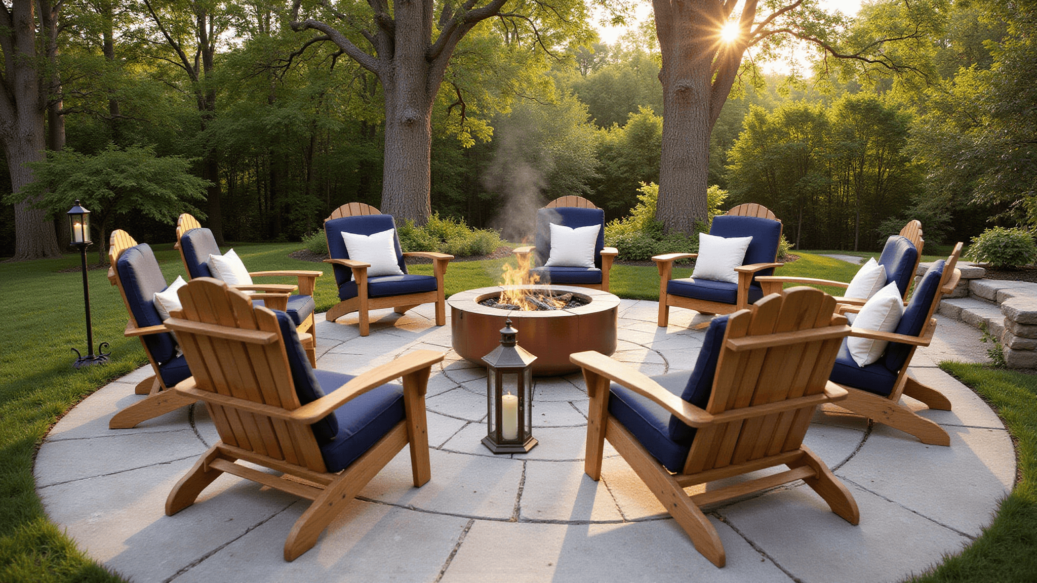 A luxurious outdoor fire pit seating arrangement with six teak Adirondack chairs, navy blue cushions, and cream throw pillows, set in a circular stone patio surrounded by mature oak trees at golden hour.