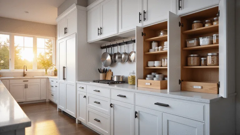 Photorealistic image of a pristine modern kitchen with white shaker cabinets and black hardware, showcasing organized clear acrylic containers and bamboo drawer dividers, illuminated by warm golden hour light and LED under-cabinet lighting, focusing on the clean and aspirational design.