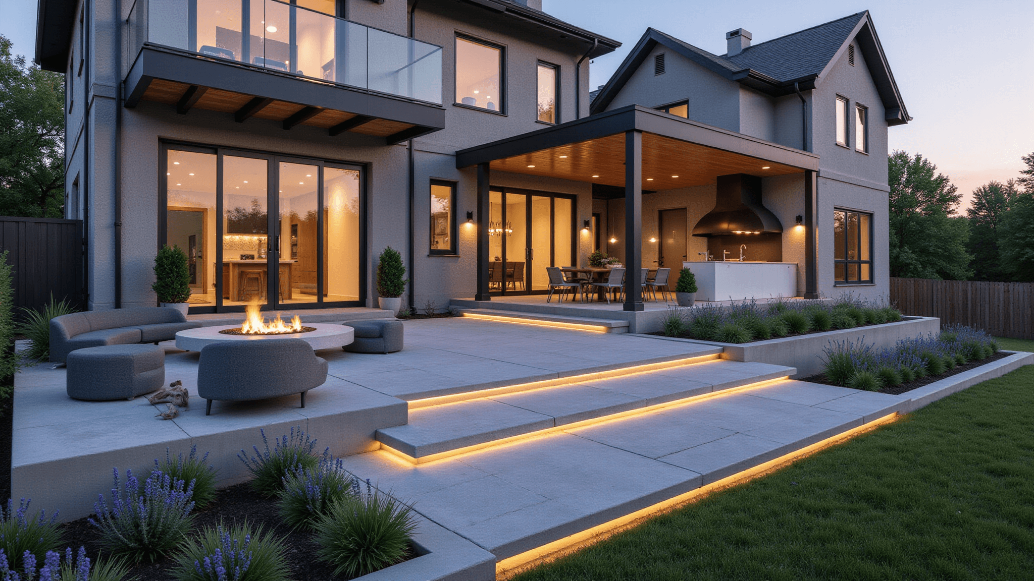 Photorealistic ultra-wide angle view of a multi-tiered luxury patio extension at golden hour, featuring a circular fire pit area, outdoor kitchen, and covered pergola, all surrounded by lush plantings and illuminated with integrated LED lighting, showcasing clean lines and contemporary design in an 8k resolution image.