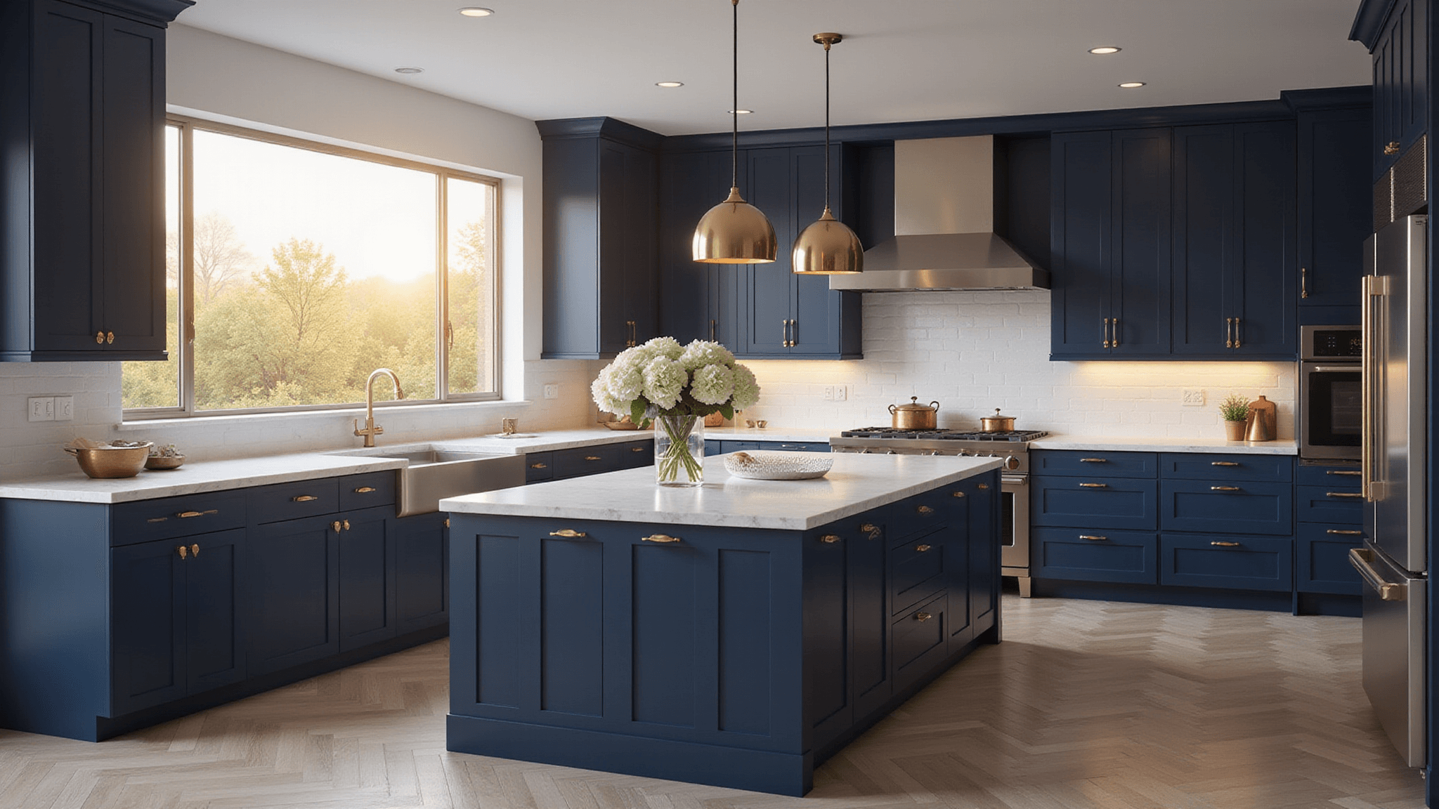 Photorealistic interior of a luxurious modern navy blue kitchen with brass hardware, featuring Carrara marble countertops, large island, herringbone flooring, and abundant natural light during golden hour.