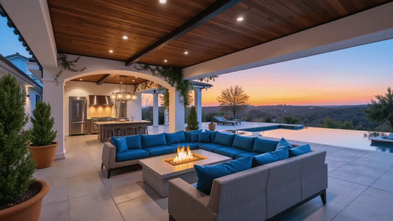 Photorealistic wide-angle view of a luxurious covered patio at sunset, featuring a sleek pergola, modern sectional sofa, linear gas fireplace, polished concrete flooring with LED inlays, Mediterranean columns, and an outdoor kitchen set against an infinity pool, all bathed in warm golden hour lighting.