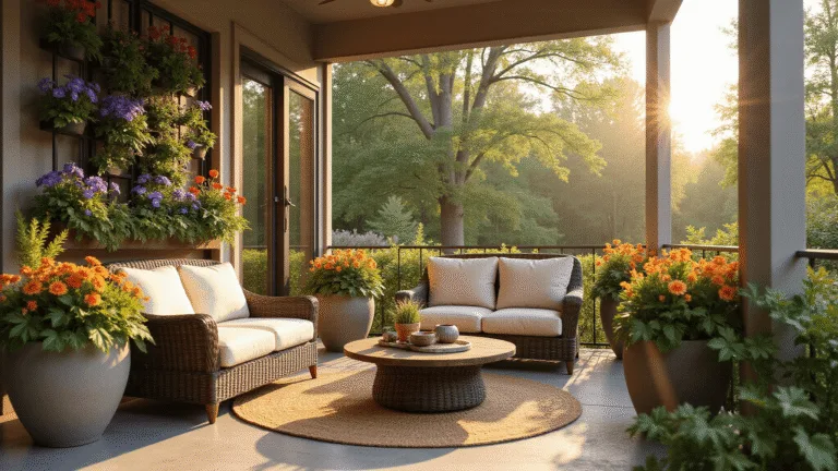 A luxurious covered porch at golden hour, featuring a tall flower trellis with pansies and tulips, flanked by concrete planters of lantanas and coneflowers, premium rattan furniture with cream cushions, and a vintage jute rug, all bathed in warm, inviting light.