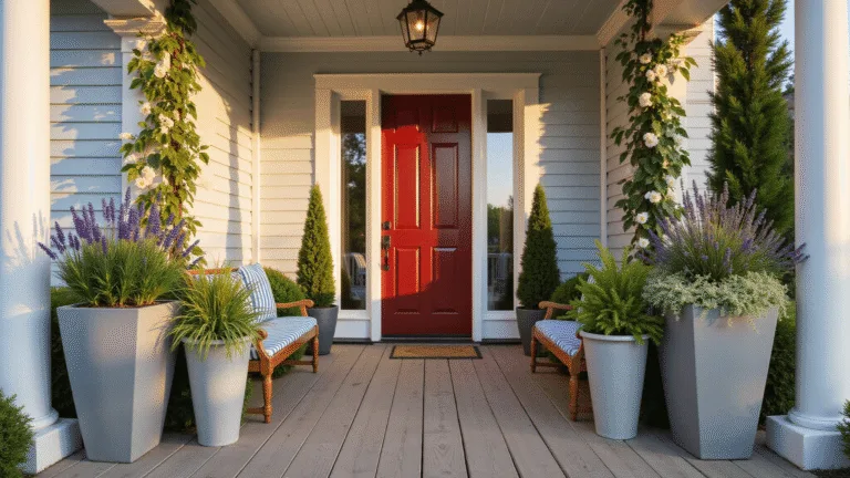 A luxurious front porch with symmetrical gray concrete planters filled with blue poppies, dusty miller, lantanas, and cascading 'Neon' pothos, featuring a glossy red door, classical columns, and warm sunlight casting shadows on wooden floorboards, complemented by string lights and a vintage wooden bench with blue striped cushions.