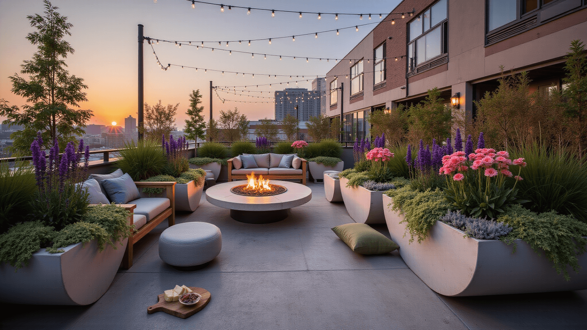 A luxurious urban rooftop terrace featuring oversized concrete planters with a vibrant floral arrangement, weathered teak furniture, a modern fire pit, and string lights, all bathed in warm golden hour light.