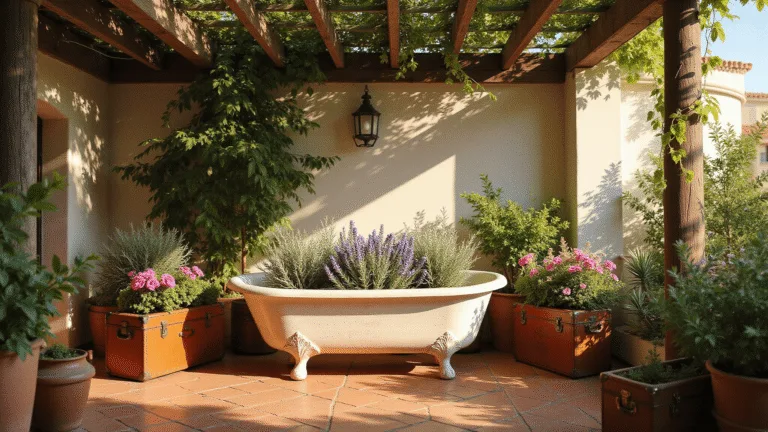 Cinematic wide shot of a sunlit Mediterranean terrace featuring a vintage clawfoot bathtub planter overflowing with olive branches, lavender, and rosemary, surrounded by leather suitcase planters with bougainvillea and ivy, under a wooden pergola adorned with string lights, casting intricate shadows on terracotta tiles and whitewashed walls.