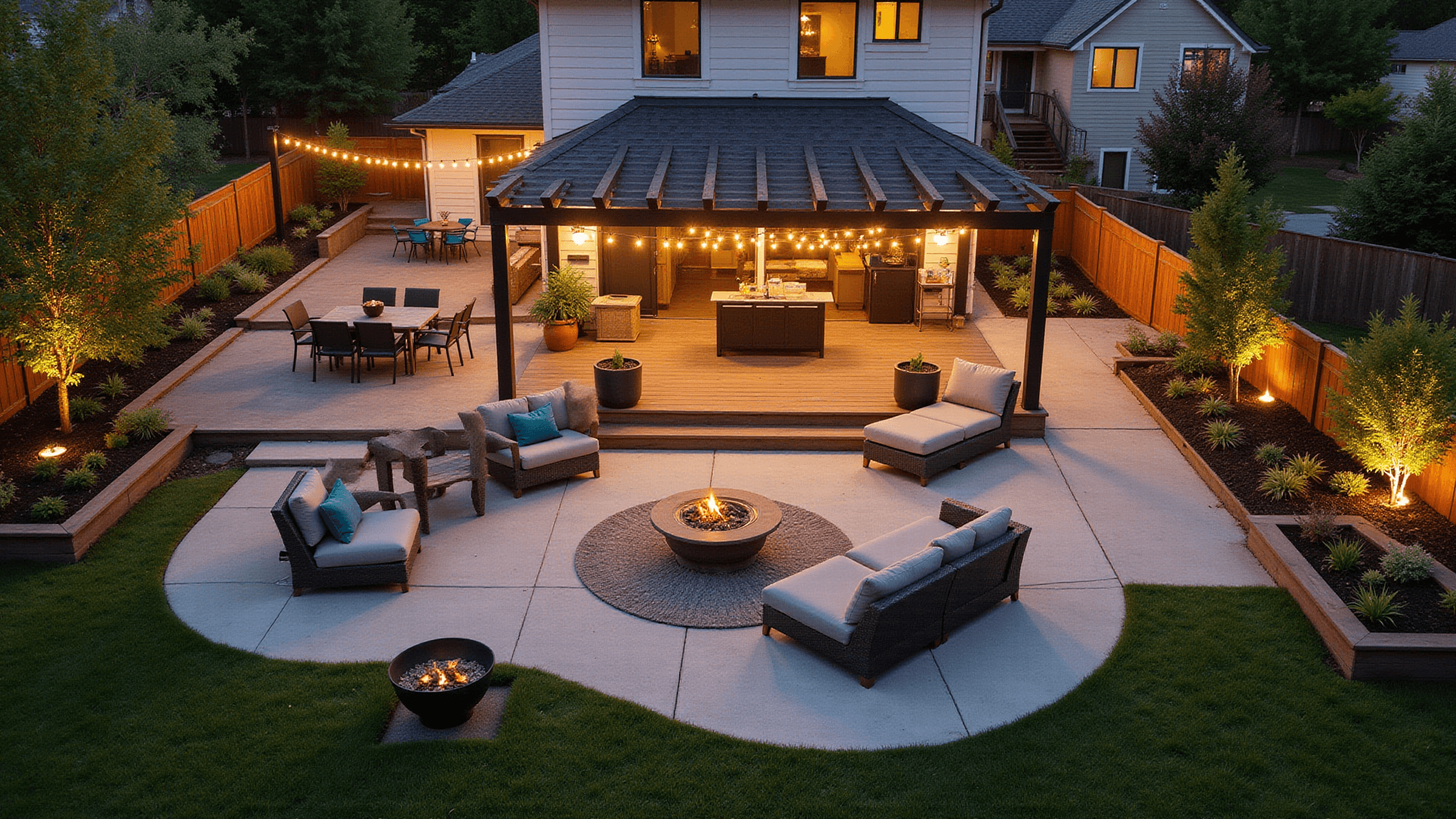 Aerial view of a modern family backyard at sunset, showcasing a composite deck with modular seating, illuminated pergola, kids' play area, raised garden beds, and a teak dining set, all bathed in warm amber light.
