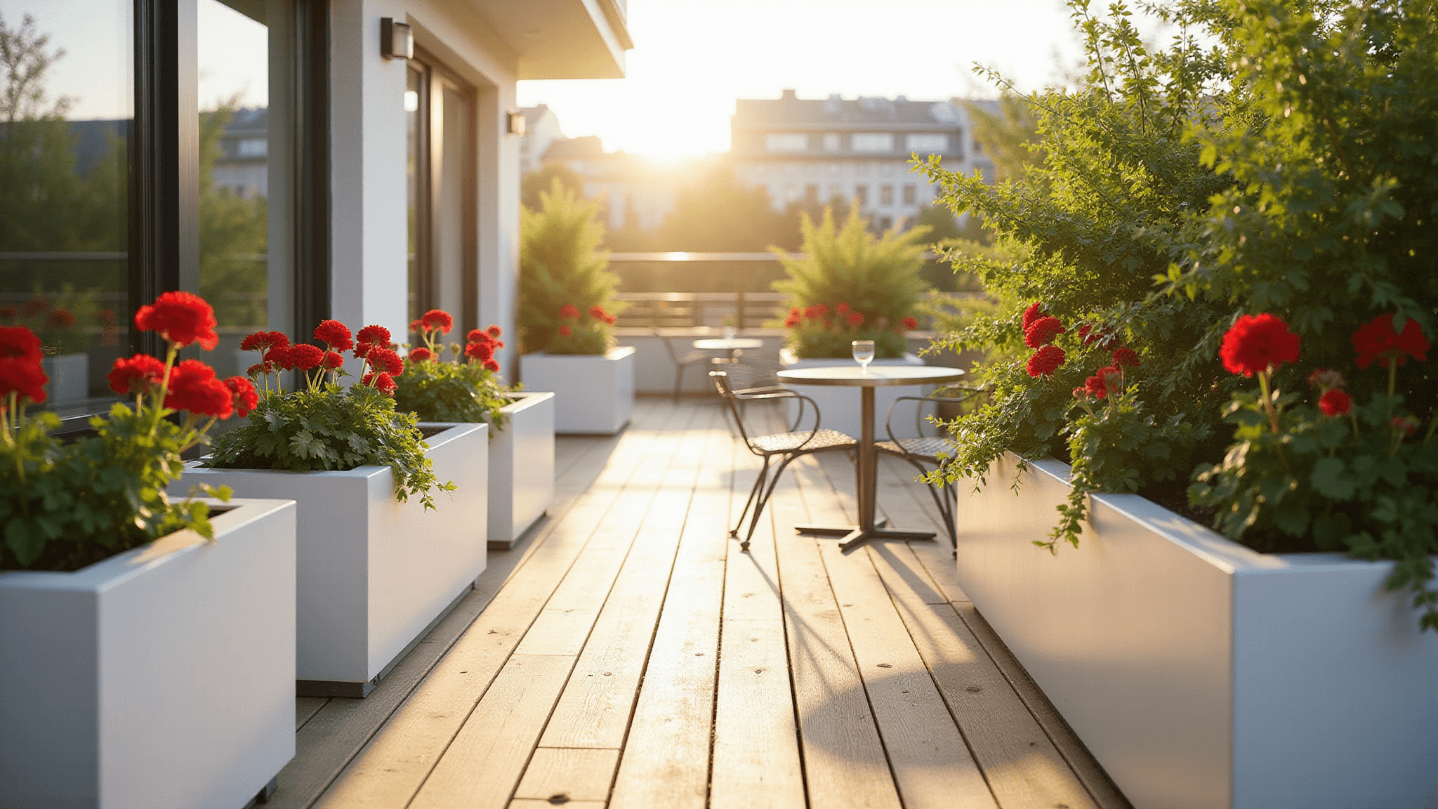 A modern balcony with white planter boxes housing red geraniums and cascading ivy, bathed in afternoon light, featuring a bistro set and light oak floorboards, with a blurred urban backdrop.