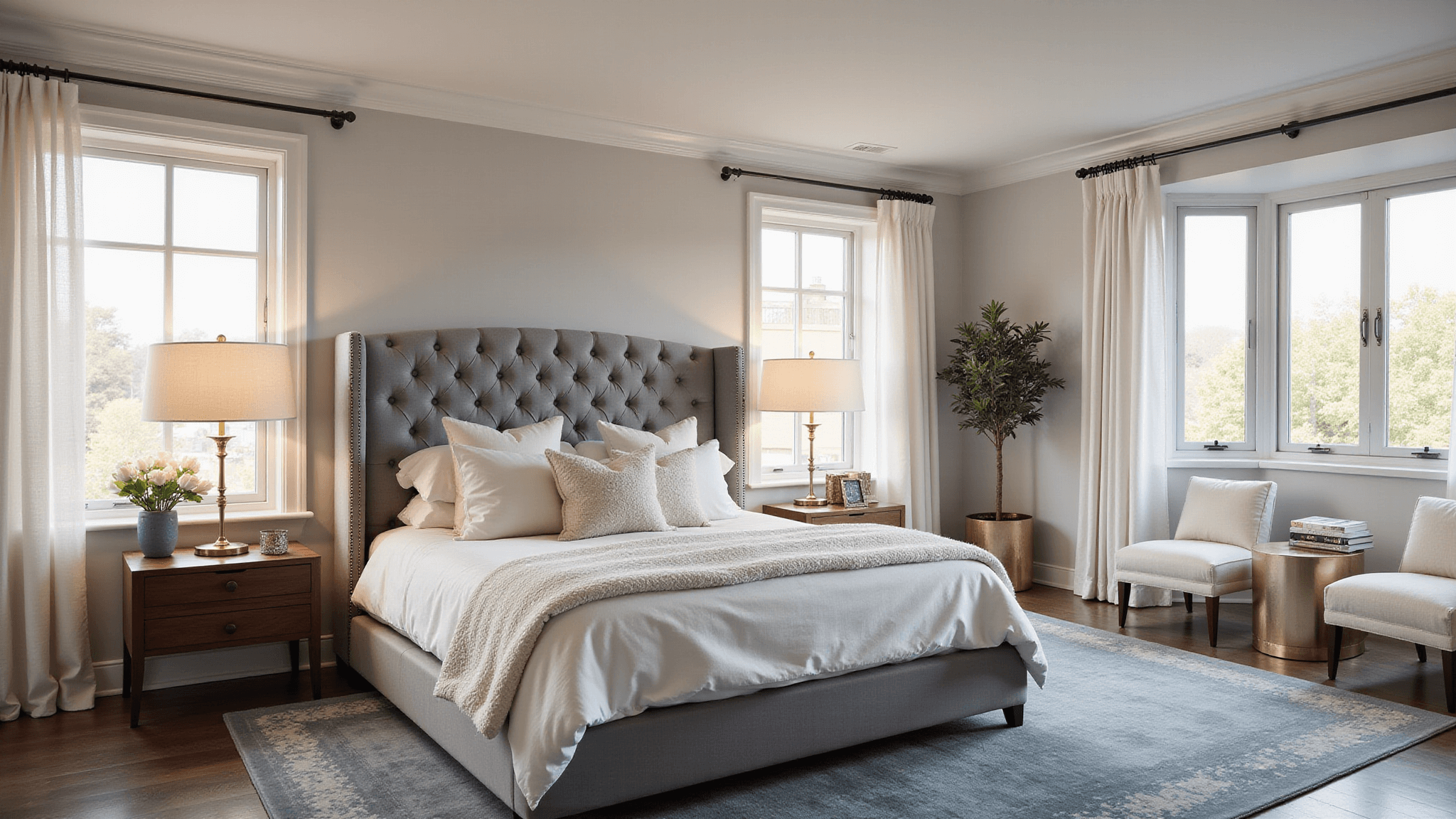 A spacious contemporary bedroom featuring a king-size bed with a tufted grey velvet headboard, layered white and cream linens, and textured throw pillows, paired with elegant walnut nightstands and brass lamps, all bathed in soft morning light from floor-to-ceiling windows.
