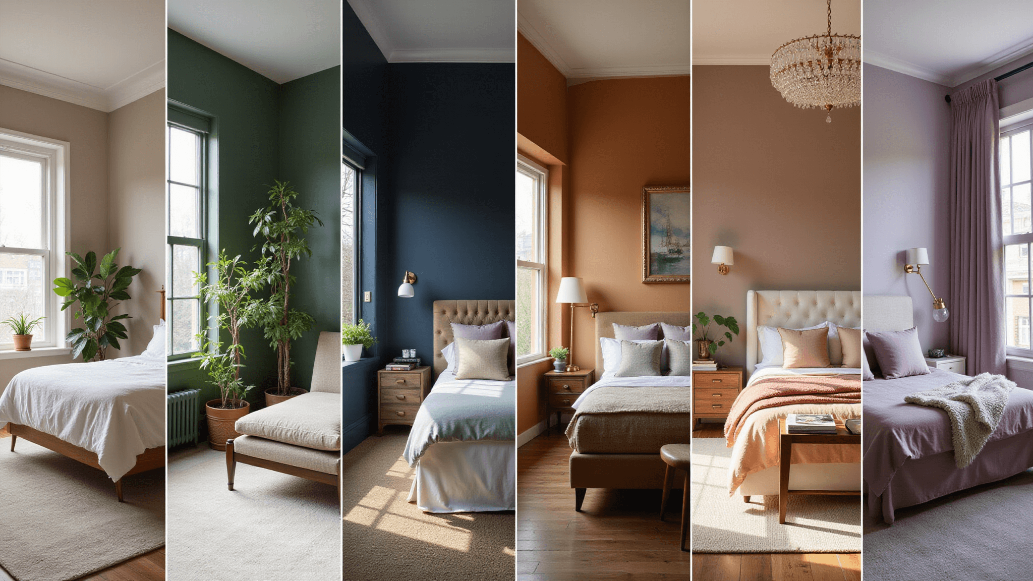 A wide-angle interior photograph showcasing five contemporary bedroom color schemes in natural light at golden hour, featuring serene neutrals, botanical greens, dramatic navy, warm caramel, and soft lavender designs with exquisite textile textures and high-end finishes.