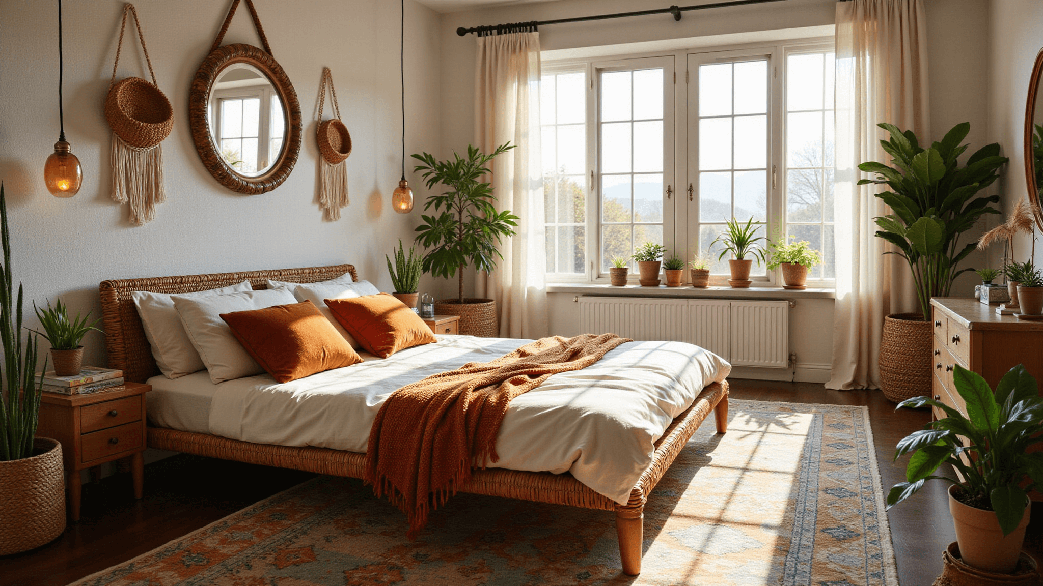 Sun-drenched modern bohemian bedroom featuring a rattan platform bed with ivory linen bedding and rust-colored pillows, a vintage Moroccan rug on dark hardwood floors, macramé wall hangings, and trailing plants in ceramic pots, all illuminated by soft natural light through sheer curtains during golden hour.