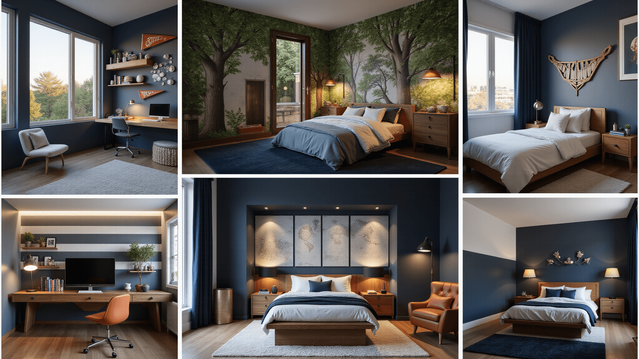 Photorealistic interior design collage of modern boy's bedrooms featuring sports, adventure, gaming, nautical, and geometric themes, with cinematic lighting and rich textures.