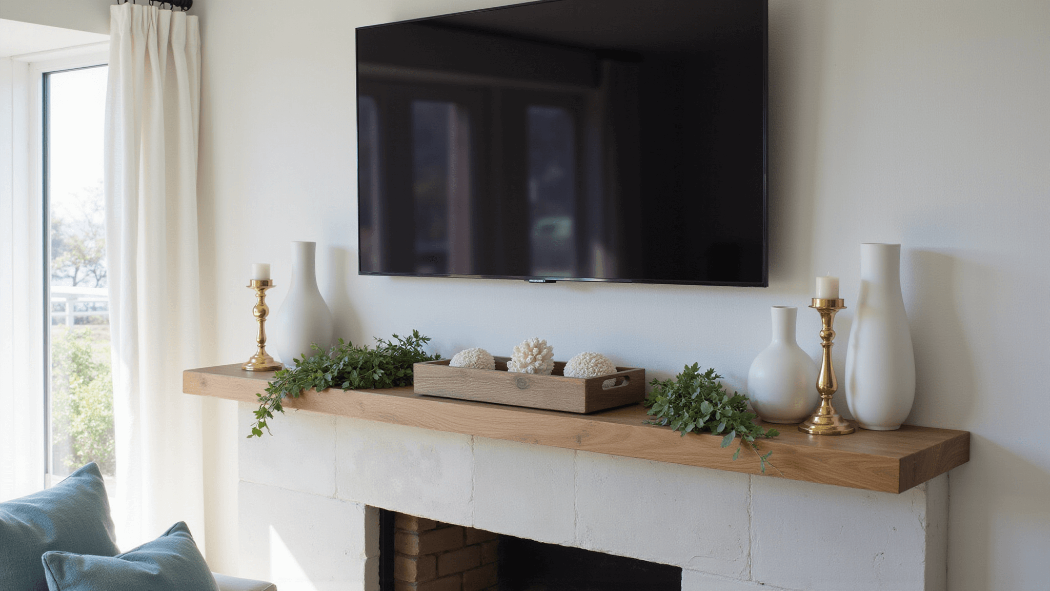 Cinematic interior of a sunlit coastal living room featuring a limestone fireplace with a white oak mantle, Samsung Frame TV, and stylish decor including ceramic vases, eucalyptus garland, and brass candlesticks, all in a palette of whites, blues, and greens.