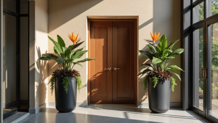 A modern entryway with a 12-foot ceiling, featuring two matte black cylindrical planters with 6-foot Bird of Paradise plants, surrounded by Coleus and English Ivy, dramatic afternoon lighting, and polished concrete flooring.
