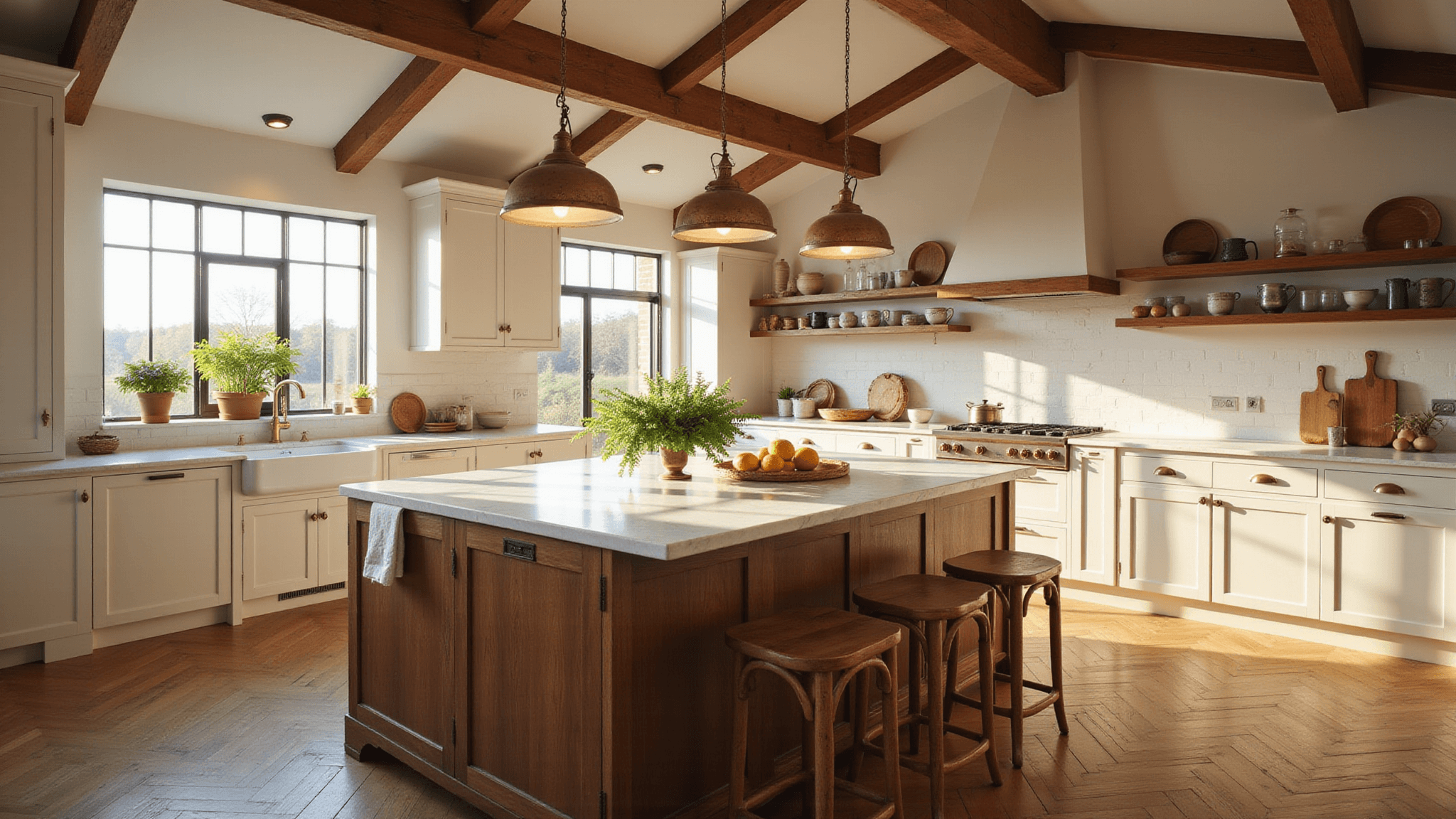 A sun-drenched farmhouse kitchen with creamy white Shaker cabinets, a walnut island with a marble waterfall countertop, exposed wooden beams, and vintage pendant lights, showcasing artisanal pottery and fresh herbs, captured in warm golden hour light.