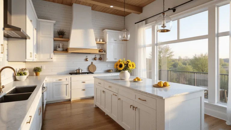 A sunlit modern farmhouse kitchen featuring white shiplap walls, a Calacatta marble island, and Shaker cabinets, with fresh sunflowers and Meyer lemons, captured in golden hour light with warm oak floors and dramatic shadows.