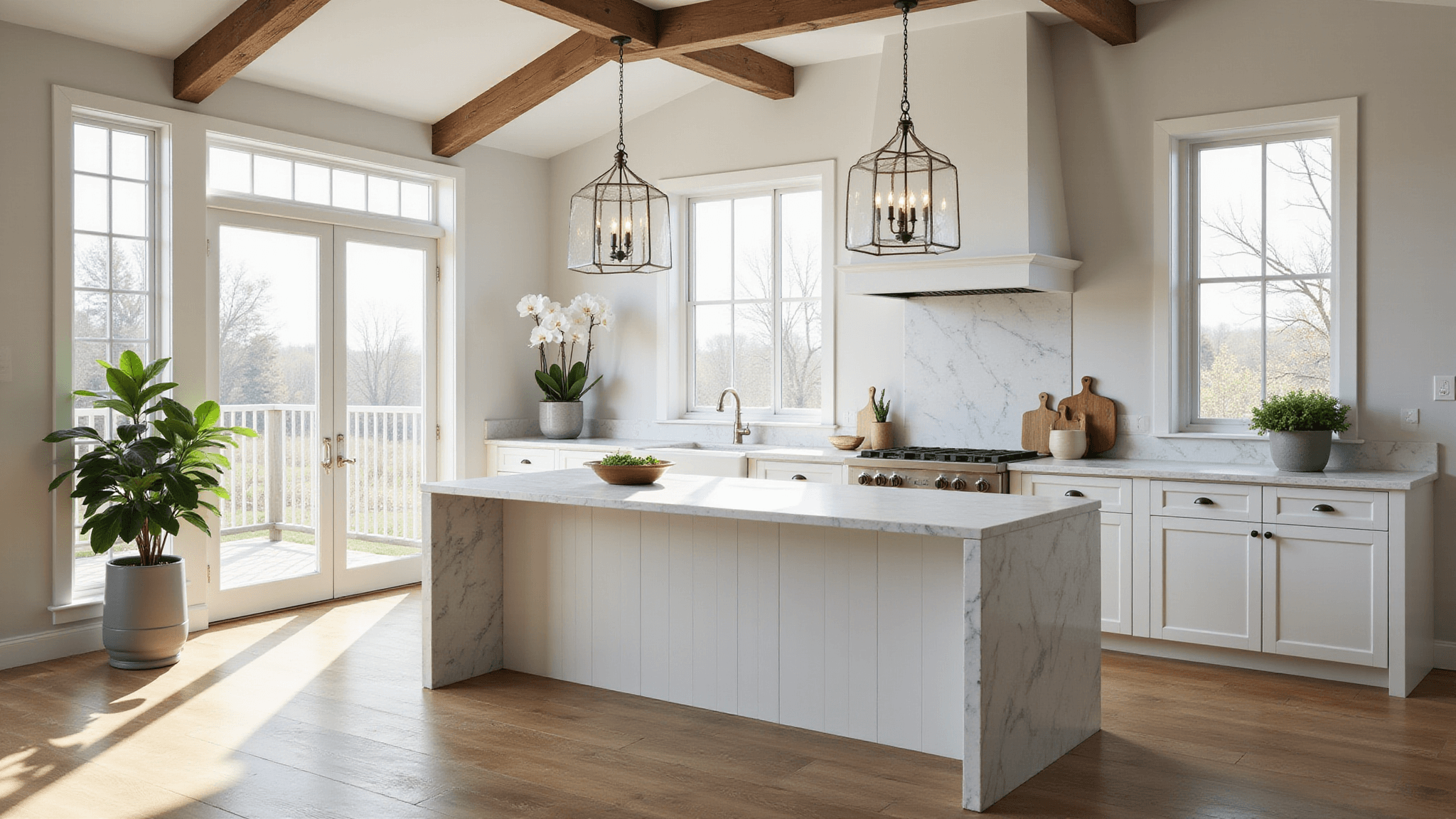 Hyperrealistic architectural photograph of a bright modern farmhouse kitchen featuring white shaker cabinets, a matte Carrara marble waterfall island, rustic oak floors, and sage green accents, illuminated by soft morning sunlight streaming through large windows. The high vaulted ceiling showcases exposed beams and polished nickel hardware, with artistic styling that includes fresh herbs, artisanal cutting boards, and crystal pendant lights, all captured in ultra-high resolution with a cinematic composition.