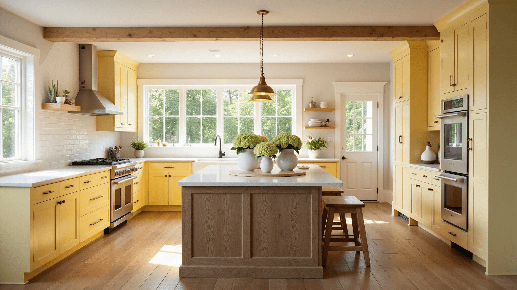 Photorealistic image of a sunlit modern farmhouse kitchen with yellow Shaker cabinets, a weathered oak island, brass pendant lights, and stainless steel appliances, highlighting textures and natural light.