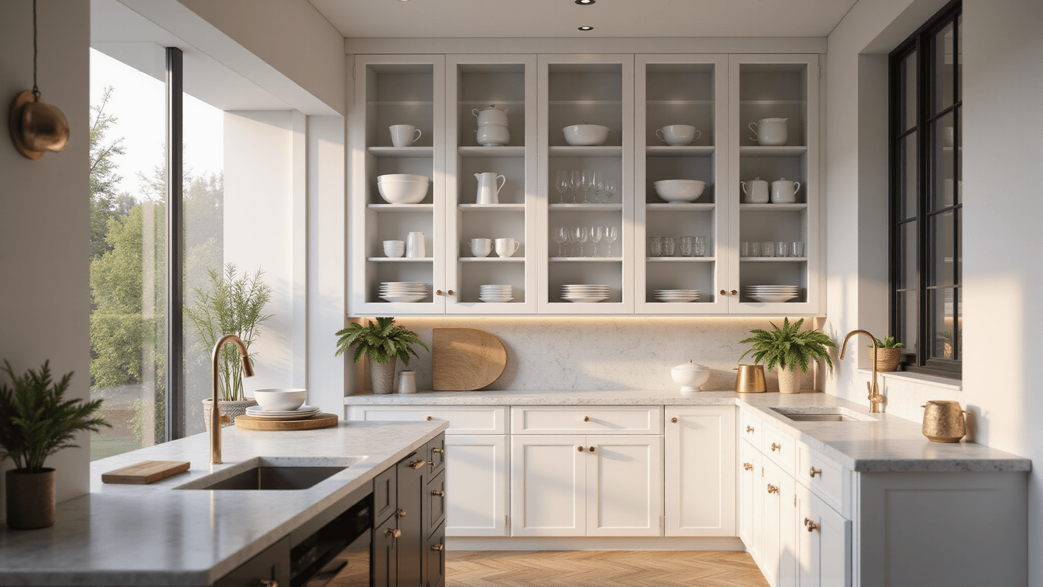 A luxurious modern kitchen featuring floor-to-ceiling glass cabinets, white porcelain dinnerware, and crystal glassware, with polished quartz countertops, warm oak herringbone flooring, and marble backsplash, illuminated by natural light and LED accents at magic hour.
