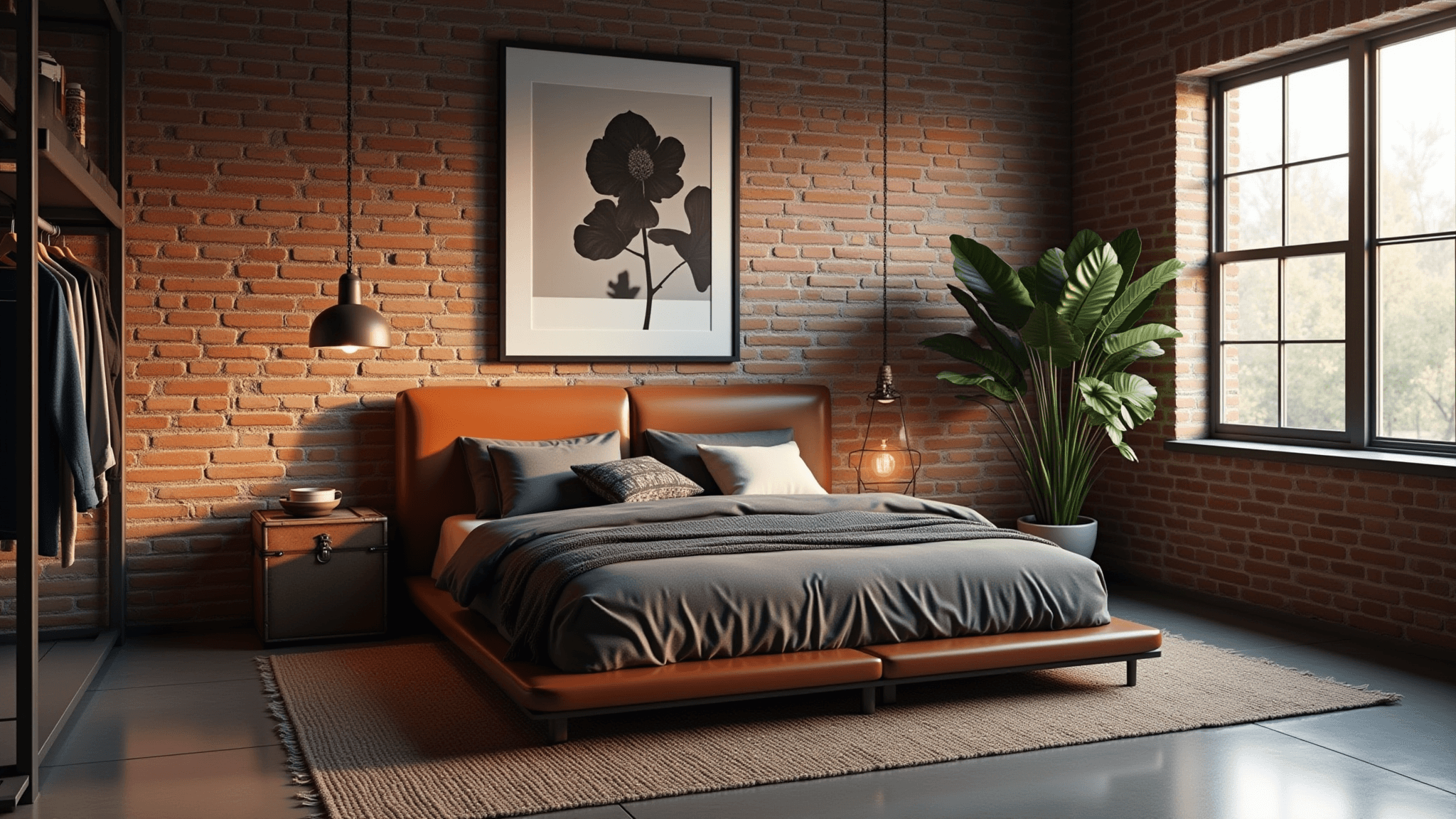 Photorealistic image of a masculine industrial loft bedroom with warm golden hour sunlight, featuring a low-profile king bed, exposed brick walls, polished concrete floors, and chic decor elements like a vintage trunk and a fiddle leaf fig plant.