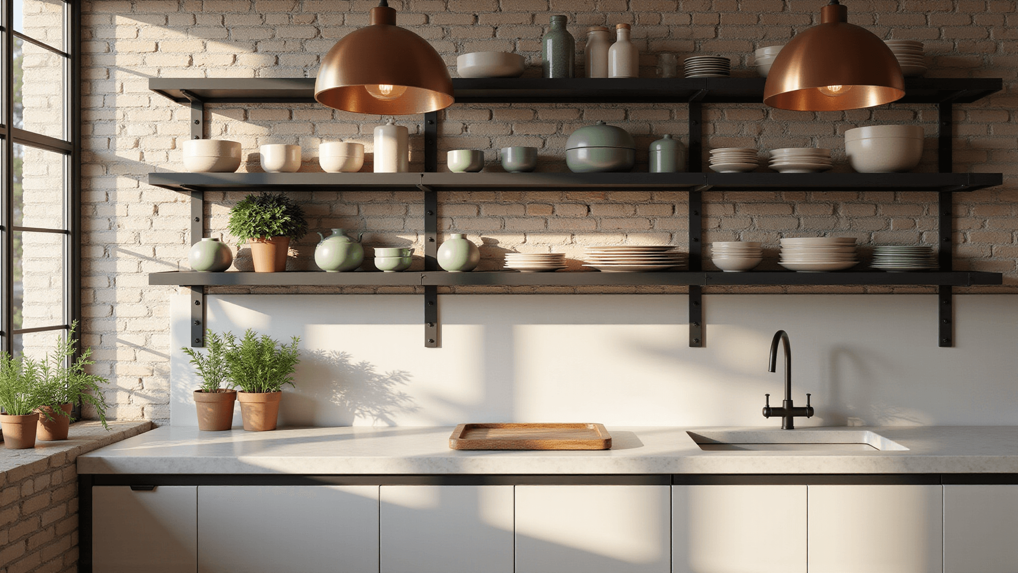 Photorealistic image of a modern kitchen with open shelving against an exposed brick wall, showcasing white quartz countertops, artisanal ceramic dishes, and copper pendant lights, illuminated by natural morning light streaming through large windows.