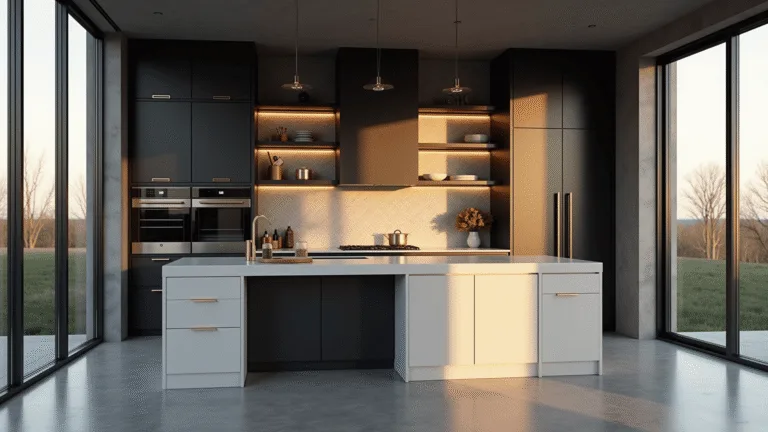 Photorealistic view of a contemporary luxury kitchen with matte black aluminum cabinets, brushed gold hardware, and a large white quartz waterfall island, illuminated by golden hour light through floor-to-ceiling windows. Features gunmetal appliances, geometric backsplash, and ambient LED lighting.