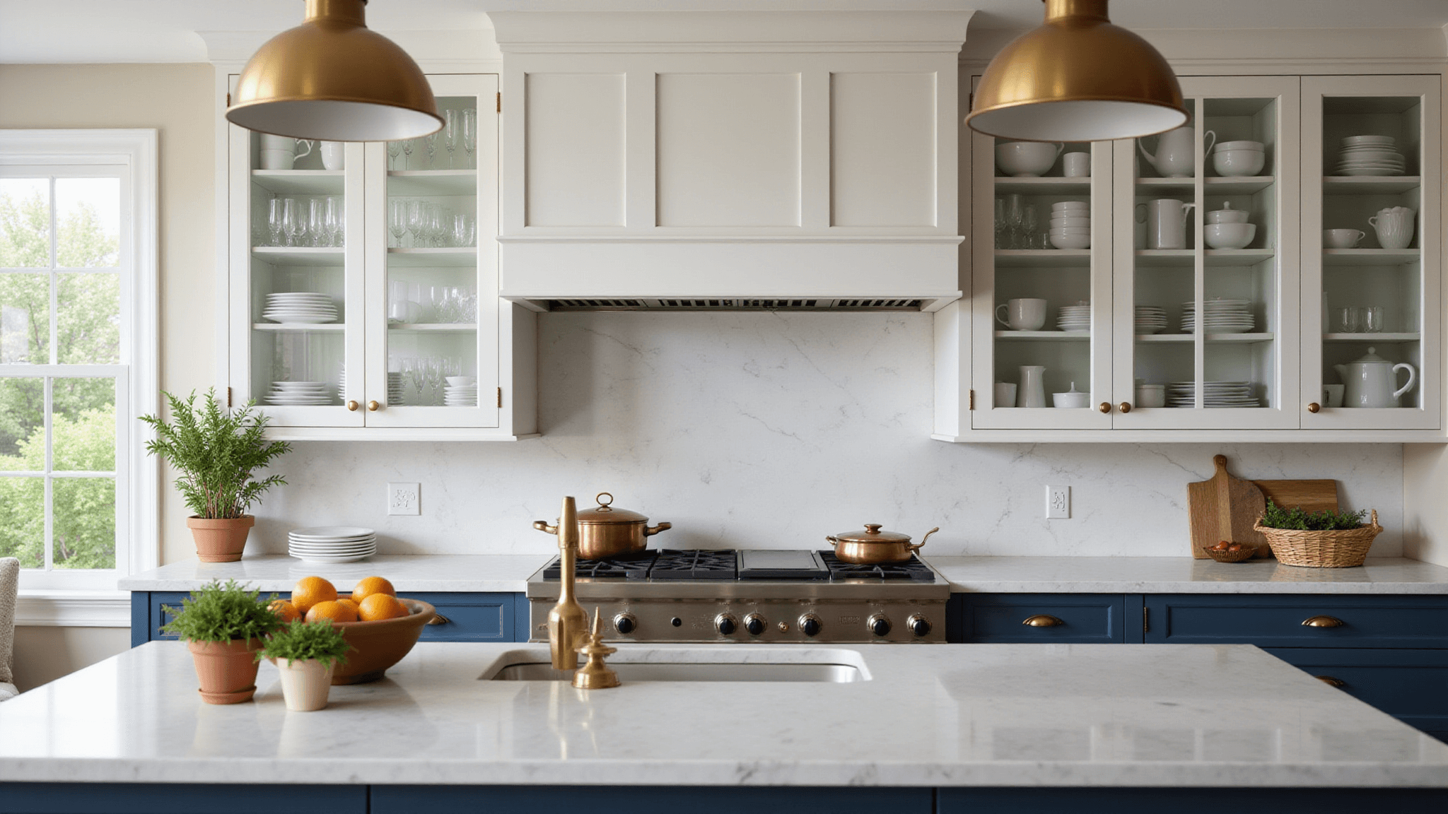 A luxurious modern kitchen featuring glass-front upper cabinets with white Shaker frames, displaying white porcelain dinnerware and crystal stemware, complemented by white quartz countertops, navy blue lower cabinets, and brass hardware. The space is illuminated by morning sunlight through floor-to-ceiling windows, showcasing pendant lights over a marble island, styled with copper cookware, fresh herbs, and citrus fruits, captured in a photorealistic 8K image with soft diffused lighting and warm tones.