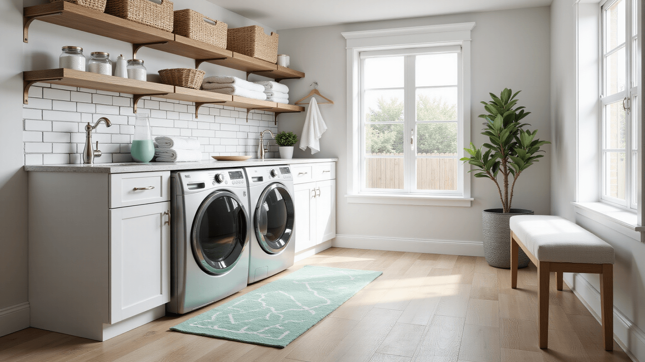 A modern, photorealistic laundry room featuring sleek appliances, white cabinetry, and stylish decor, illuminated by natural light.