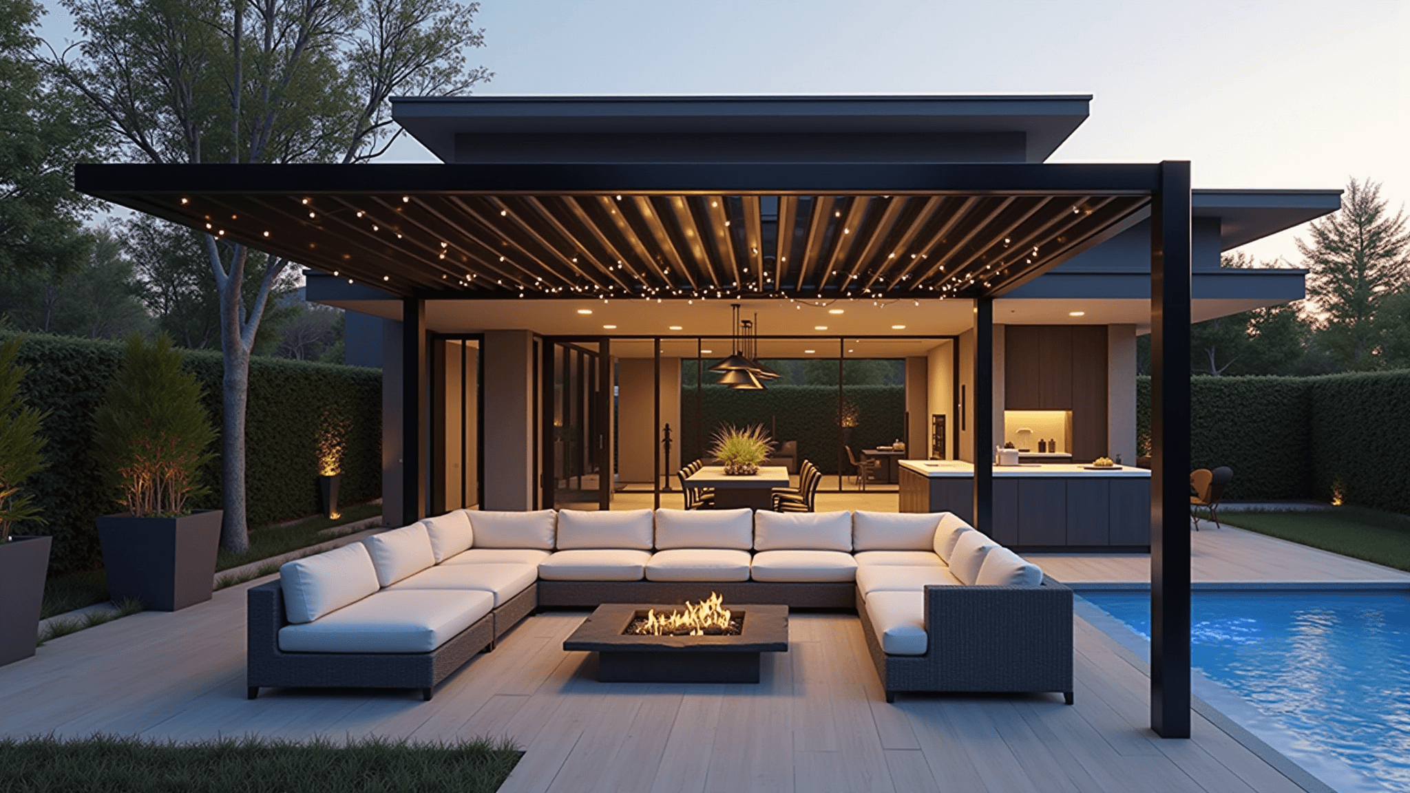 Photorealistic ultra-wide shot of a contemporary backyard featuring a sleek black aluminum pergola with motorized louvered roof at golden hour, modern grey sectional with white cushions, glass-top coffee table, stainless steel outdoor kitchen, Edison string lights, geometric bamboo planters, blue LED pool lighting, and subtle smoke from a fire pit, all captured in a cinematic style.