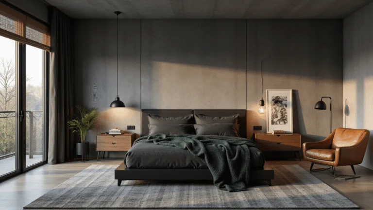 Cinematic wide-angle shot of a modern masculine bedroom featuring a low-profile black platform bed, charcoal linen bedding, walnut nightstands, and a cognac leather reading chair, with dramatic natural light from floor-to-ceiling windows and ambient industrial lighting, layered textures, and minimalistic decor.