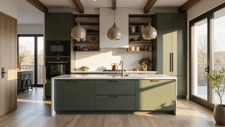 Modern olive green kitchen with white quartz countertops, brass pendant lights, and walnut shelving, bathed in natural light.