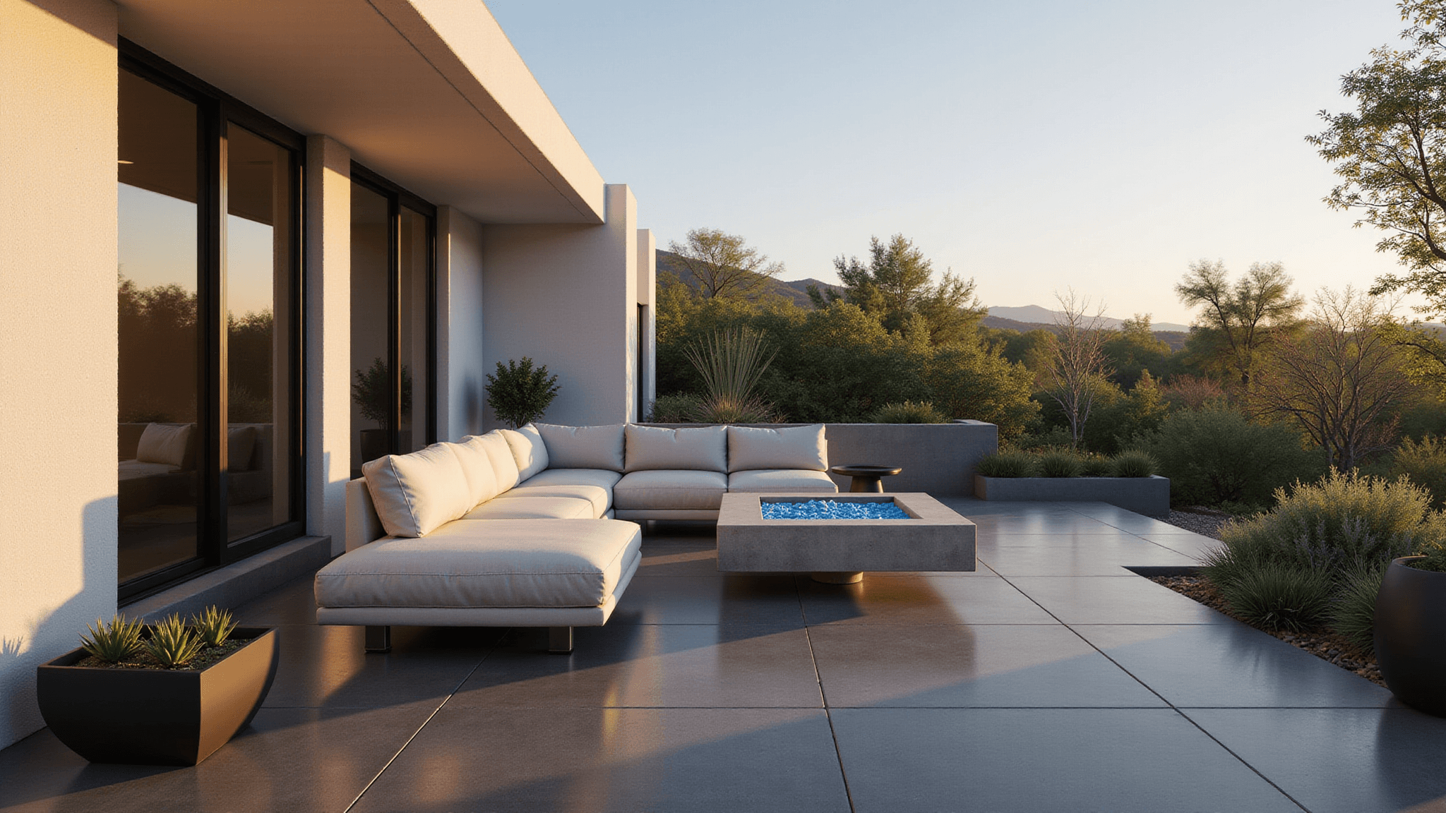 A modern minimalist patio at sunset featuring an infinity edge with charcoal concrete flooring, crisp white stucco walls, a light gray modular sectional, and a floating concrete fire pit, surrounded by architectural succulents in geometric planters, all bathed in warm amber sunlight and dramatic shadows.