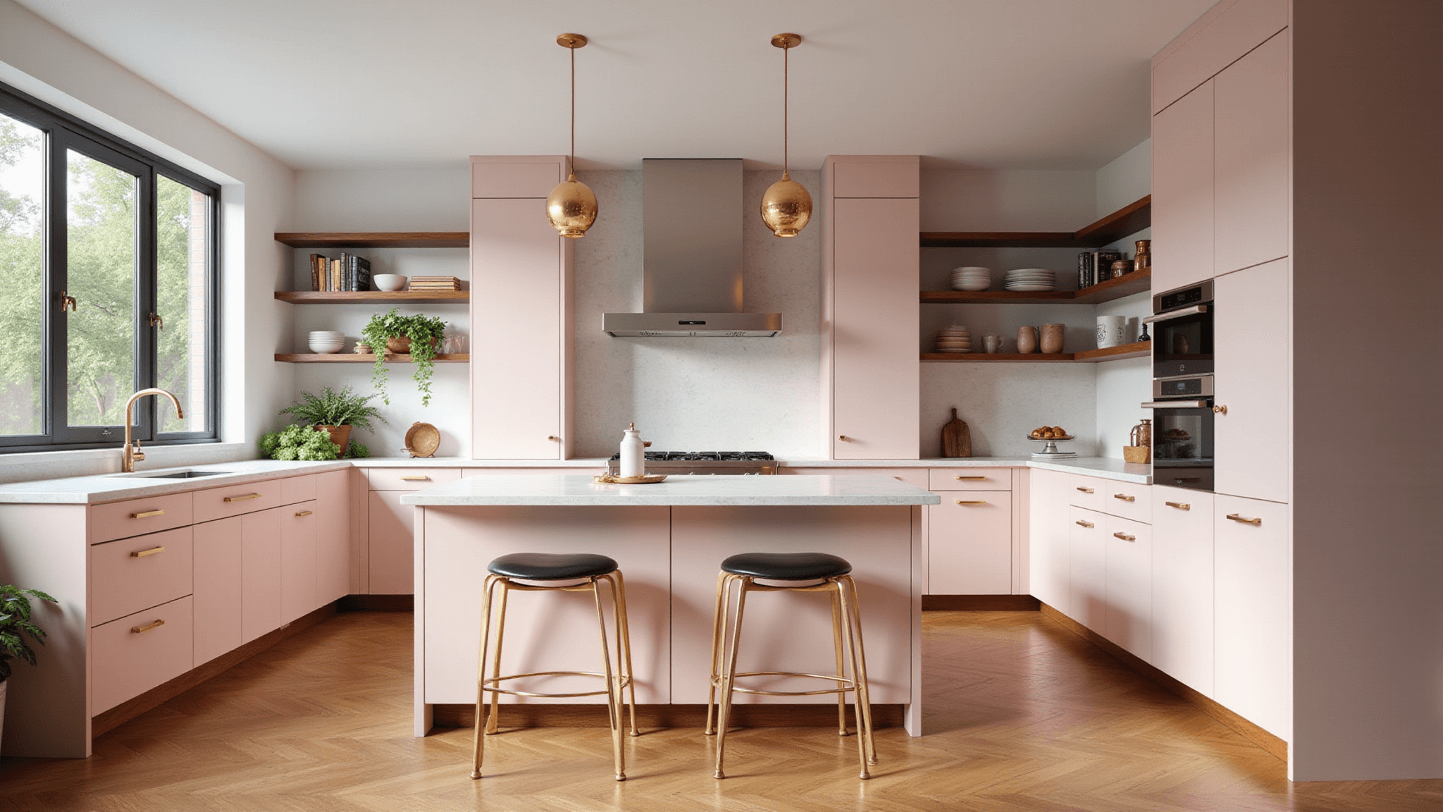 A luxurious L-shaped kitchen featuring millennial pink lacquered cabinets, white quartz waterfall countertops, and brass fixtures, illuminated by natural daylight through floor-to-ceiling windows, with honey-toned hardwood floors and geometric brass pendant lights.