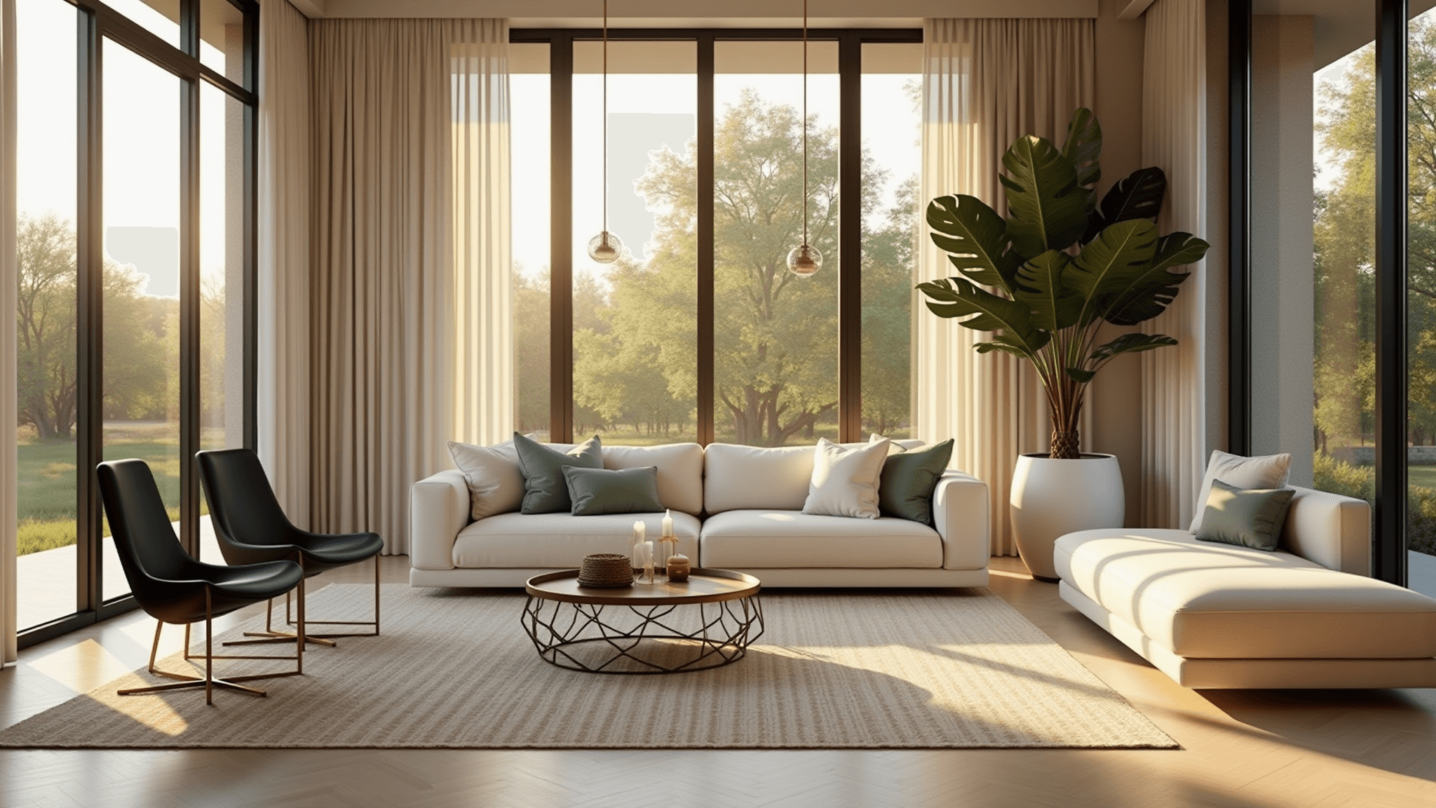 A luxurious modern sunroom with floor-to-ceiling windows, warm sunlight, bleached oak herringbone flooring, a cream linen sectional, black Eames lounge chairs, a tall monstera plant, and a geometric Moroccan rug, emphasizing a warm neutral palette and clean architectural lines.