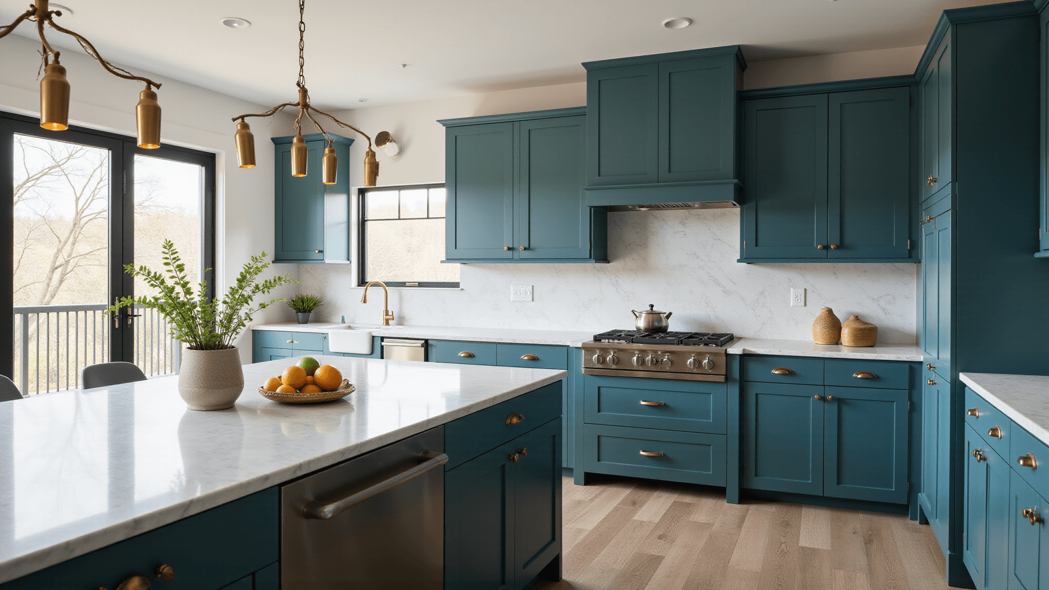 A photorealistic modern kitchen featuring deep teal shaker cabinets, Carrara marble waterfall countertops, polished brass accents, and wide-plank white oak flooring, bathed in soft morning light.