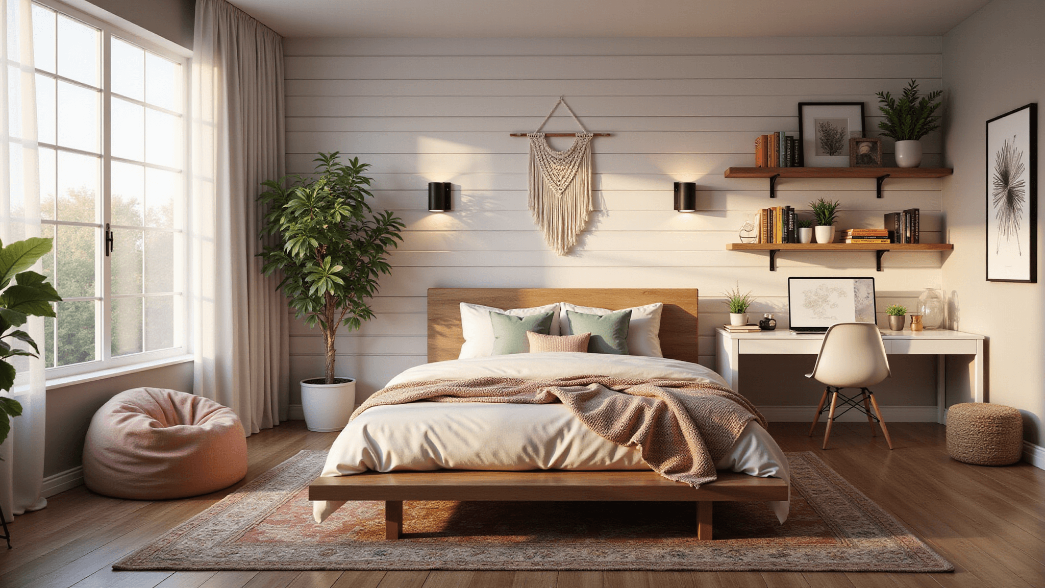 A modern teen bedroom sanctuary featuring a queen platform bed with layered blush pink and sage green throws, a shiplap accent wall, a study nook with a floating desk, and a cozy reading corner with an oversized velvet bean bag, all illuminated by golden hour light.