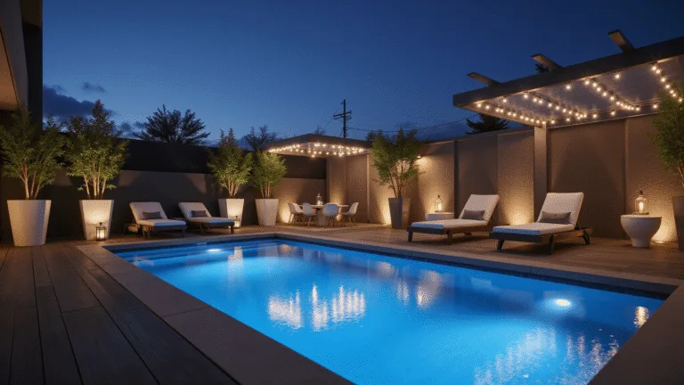Photorealistic dusk scene of a compact urban backyard pool with infinity edge, surrounded by dark Brazilian ipe wood decking and minimalist concrete coping, featuring modern loungers, geometric planters with bamboo and monstera plants, and ambient string lights, all under a contemporary pergola.
